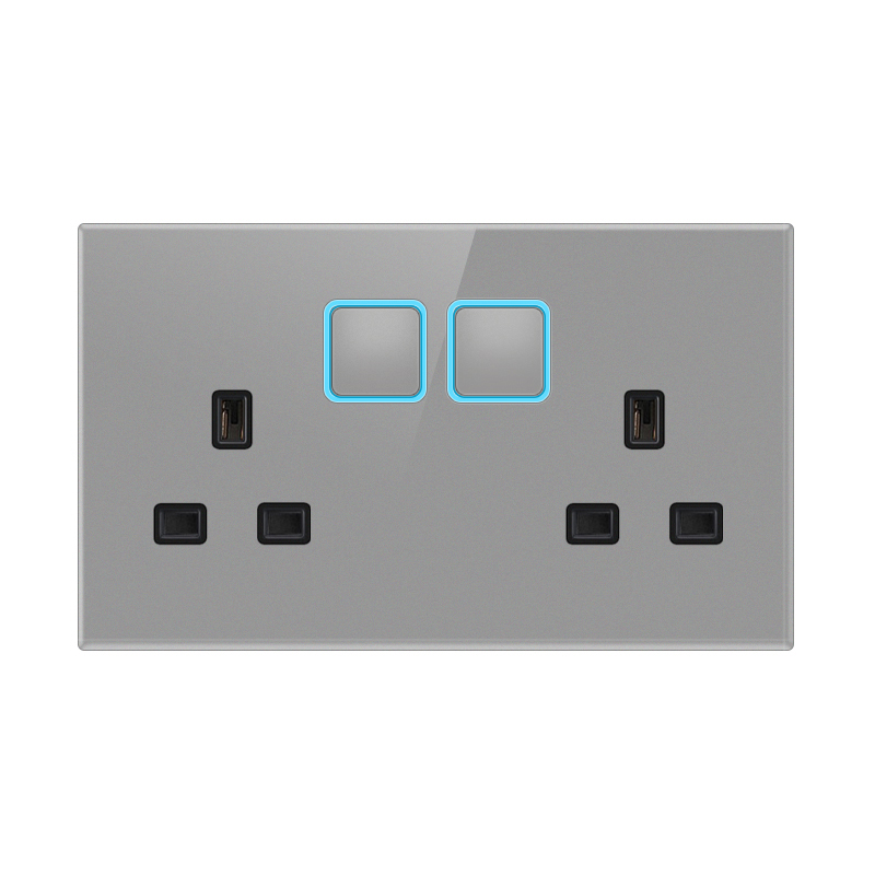 Tempered Glass Socket-A-2 Double UK Socket With Switch With Indicator Light-Grey